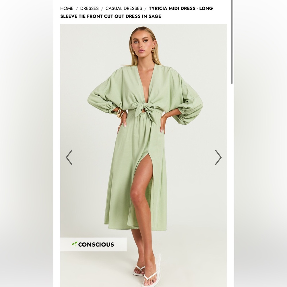 SHOWPO TYRICIA LONG SLEEVE TIE FRONT CUT OUT MIDI DRESS IN SAGE